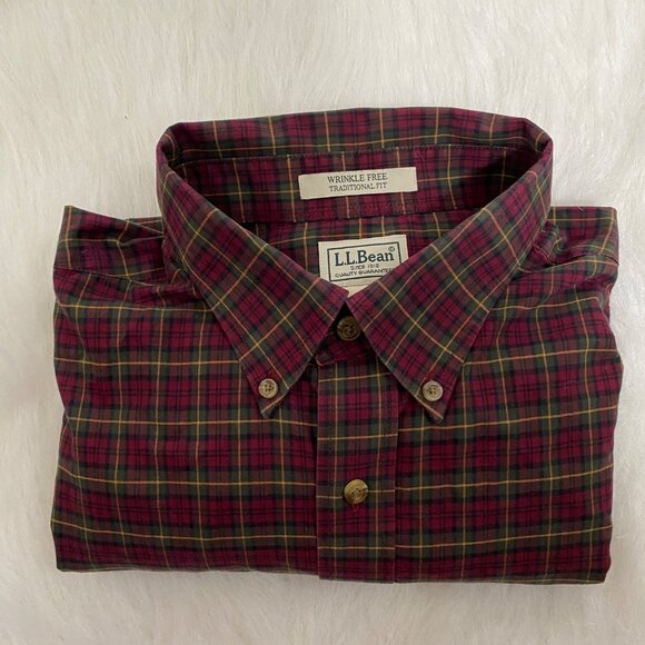 LL. Bean Shirt Men's XL Tall Red/Burgundy Plaid Long Sleeve Wrinkle Resistant Co - Picture 6 of 8